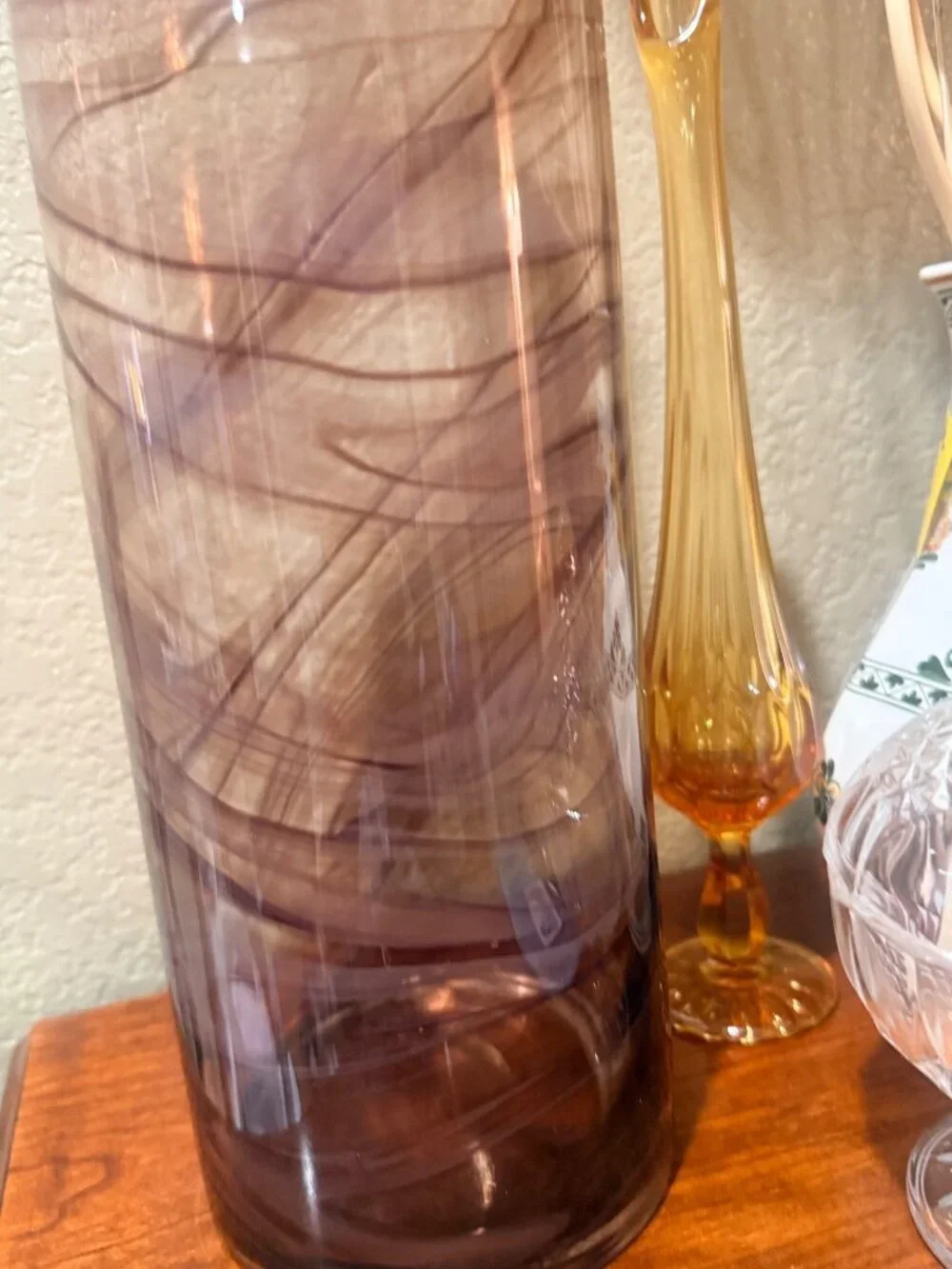 Vintage 19” Tall Amethyst Brown Swirl Art Glass Bottle Vase